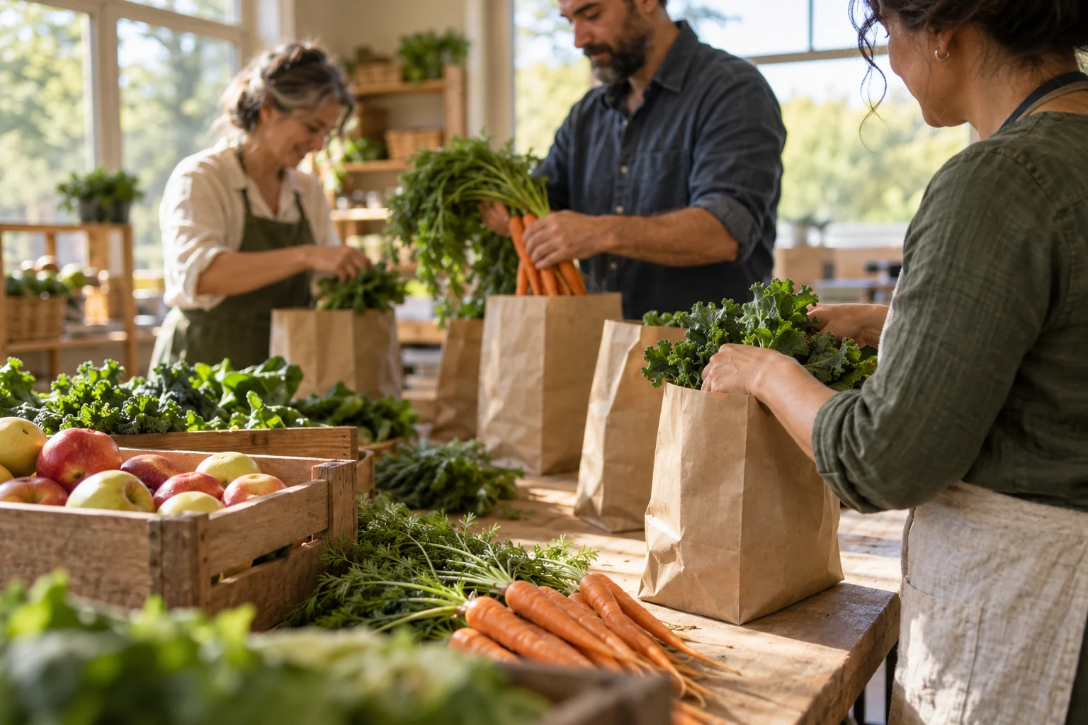 AI-generated illustrative scene of adults preparing grocery bags with fresh vegetables